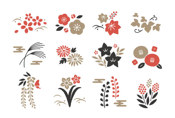 ilustraciones, imágenes clip art, dibujos animados e iconos de stock de iconos de plantas y flores japonesas - cultura japonesa