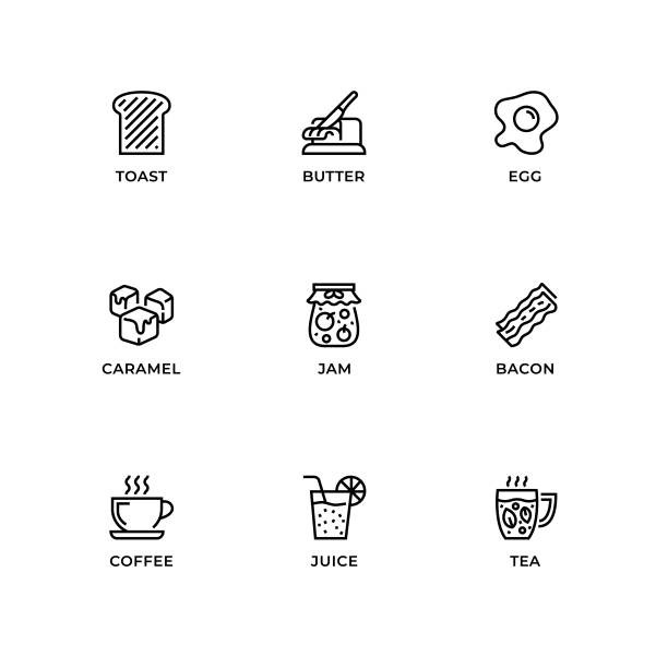 Vector set of design elements, icons and badges for breakfast. Vector set of design elements, logo design template, icons and badges for breakfast. Line icon set, editable stroke. caramel stock illustrations
