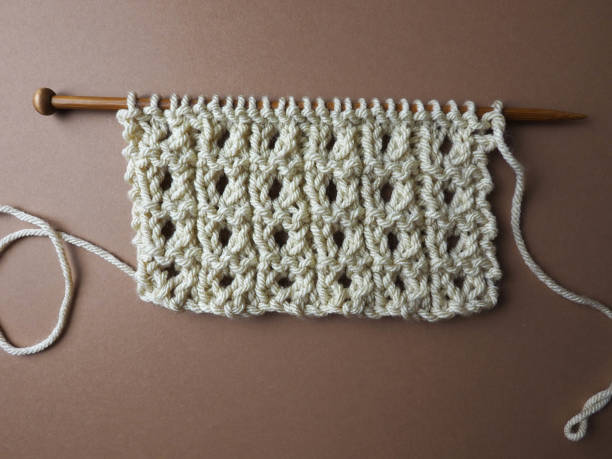 istock Wooden knitting needles with richly textured hand knit fabric 1310271561
