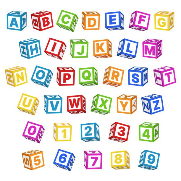istock Letter blocks font. 3d children toys english alphabet, baby cubes different angles, bright color letters and numbers, cartoon multicolor typeface, kids educational items vector isolated set 1310275585