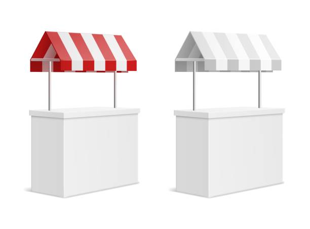 istock Promotion counter. 3d exhibition stand mockup with fabric striped canopy, mini market portable place, advertising business desk. Clean empty promo table. Vector realistic isolated set 1310275587