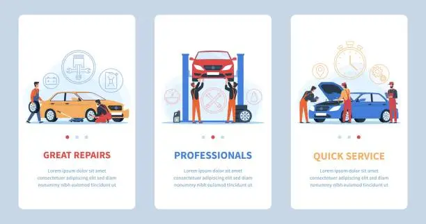 Vector illustration of Car repair shop. Auto service app, technical maintenance vehicles collection, professionals eliminate problems, mechanics and engineers change automobile details and wheels. Vector banners