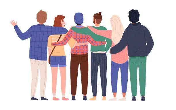 Vector illustration of Friend group hugging. Happy young guys and girls stand together in embrace, funny people each others arms in row back view. Good relationship and teamwork. Vector cartoon isolated concept