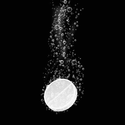 Tablet with bubbles. Dissolving effervescent aspirin pill in fizzy water. Closeup vitamin or drug in beverage, painkiller or antibiotic. Pharmacy isolated on black background vector illustration