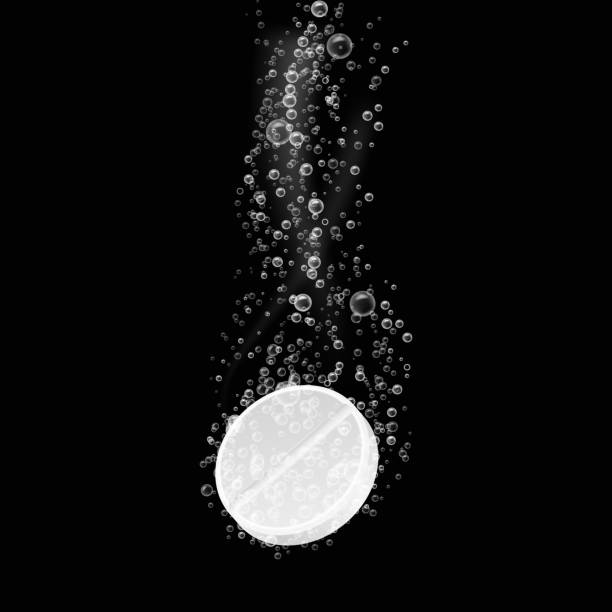Tablet with bubbles. Dissolving effervescent aspirin pill in fizzy water. Closeup vitamin or drug in beverage, painkiller or antibiotic. Pharmacy isolated vector illustration Tablet with bubbles. Dissolving effervescent aspirin pill in fizzy water. Closeup vitamin or drug in beverage, painkiller or antibiotic. Pharmacy isolated on black background vector illustration carbonated stock illustrations