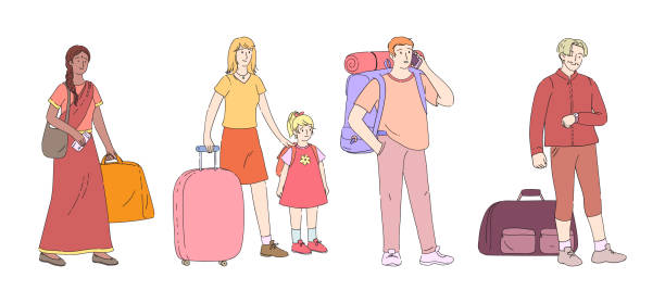 istock Airport departure area passenger together waiting in queue airport terminal. Plane boarding flight register, tourists with luggage in landing queue check in. Airport check in desk cartoon 1310275766