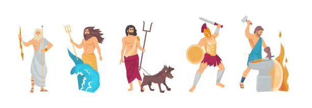 Vector illustration of Ancient greek god. Greek God Hades, Hephaestus, Poseidon, Zeus, Ares. Patrons of the underworld, fire and crafts, seas and oceans, war cartoon vector