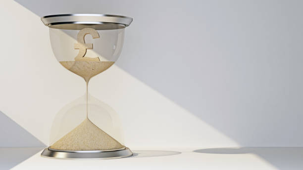 pound currency symbol concept flowing away in hourglass pound currency symbol concept flowing away in hourglass. 3d rendering british falling pounds stock pictures, royalty-free photos & images