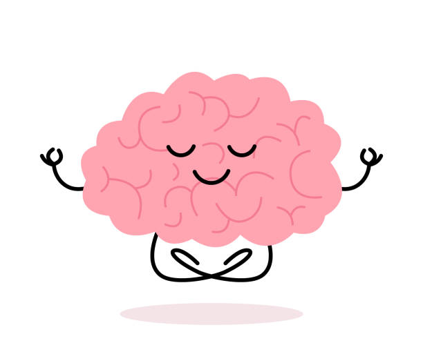 ilustraciones, imágenes clip art, dibujos animados e iconos de stock de feliz saludable cerebro mente personaje meditación yoga relajarse. el órgano mental del cerebro de salud se sienta en el loto, mantén la calma. ilustración plana vectorial - cuidado del cuerpo