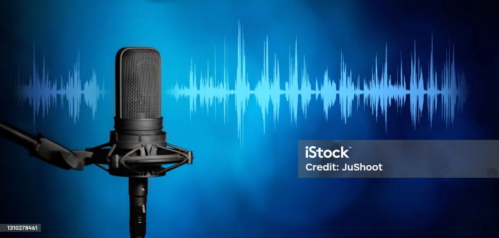 Professional studio microphone background, Podcast or recording studio banner Broadcasting or podcasting microphone background with copy space Podcasting Stock Photo