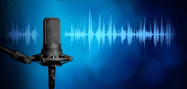 Professional studio microphone background, Podcast or recording studio banner Broadcasting or podcasting microphone background with copy space sound wave photos stock pictures, royalty-free photos & images