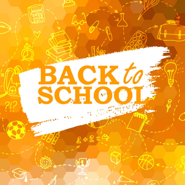 вернуться в школу оранжевый сотовый фон со школьными принадлежностями каракули элементов - fall semester stock illustrations