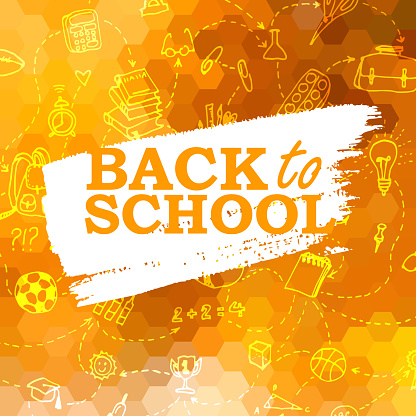 Back to school orange honeycomb background with school supplies doodle elements.