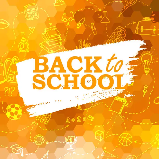 Vector illustration of Back to school orange honeycomb background with school supplies doodle elements