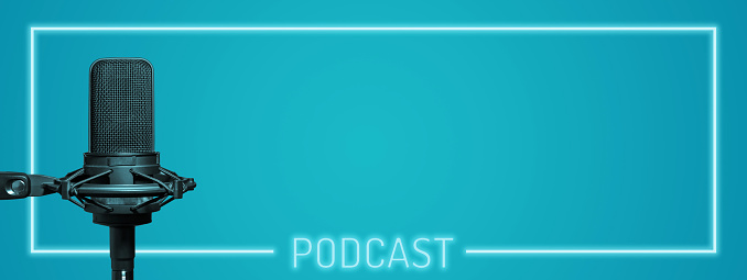 Podcast banner background with neon sign frame for copy space and recording studio microphone