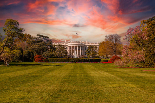 アメリカ合衆国ワシントンdcのサンセットにあるホワイトハウスの南ポルテ�ィコ。 - white house 写真 ストックフォトと画像