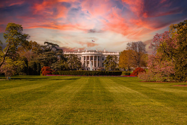 The South Portico of the White House at Sunset, Washington DC, USA. stock photo