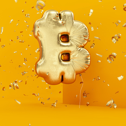 Bitcoin Balloon with Confetti. 3d render