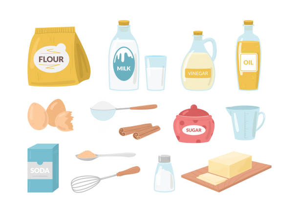 Cartoon Color Cake Baking Ingredient Icon Set. Vector Cartoon Color Cake Baking Ingredient Icon Set Flat Design Style Include of Flour, Egg, Milk, Vinegar and Cinnamon. Vector illustration cinnamon stick spice food stock illustrations