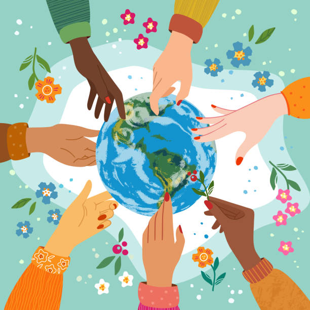 ilustrações de stock, clip art, desenhos animados e ícones de happy earth day concept with the hands of people of different nationalities reaching out to the earth. colored vector illustration in flat style - solo ilustrações