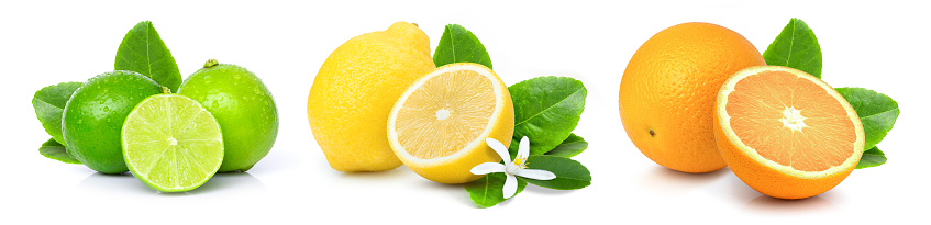 Various types of citrus fruit ( orange, lime, lemon ) isolated on white background.