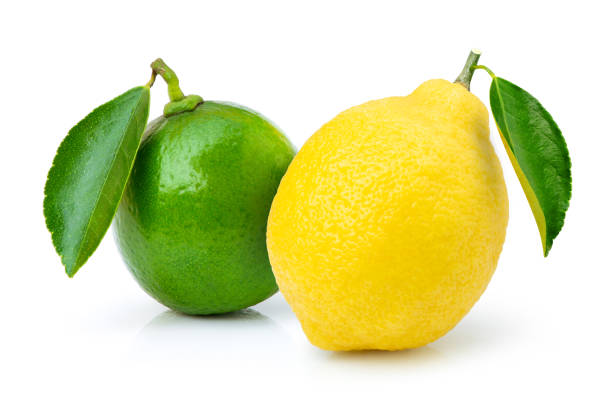 istock Fresh lime and lemon with green leaves isolated on white 1310292004