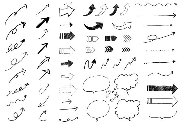 illustrazioni stock, clip art, cartoni animati e icone di tendenza di materiale di illustrazione vettoriale scritto a mano di vari tipi di frecce - sketching