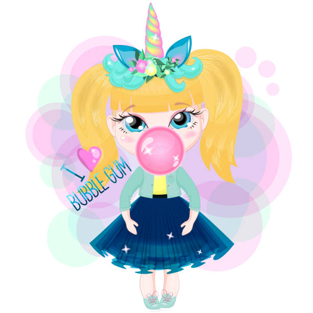 껌을 곁들인 소녀 유니콘 - chewing gum candy bubble little girls stock illustrations