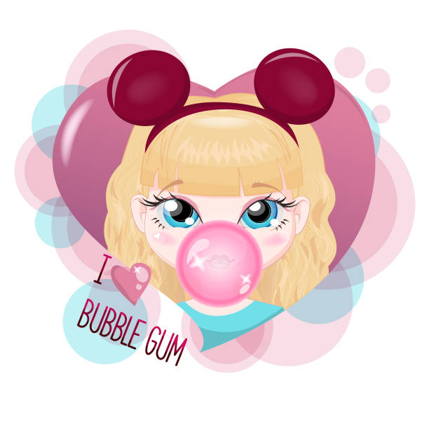 심장에 있는 소녀의 초상화 - chewing gum candy bubble little girls stock illustrations