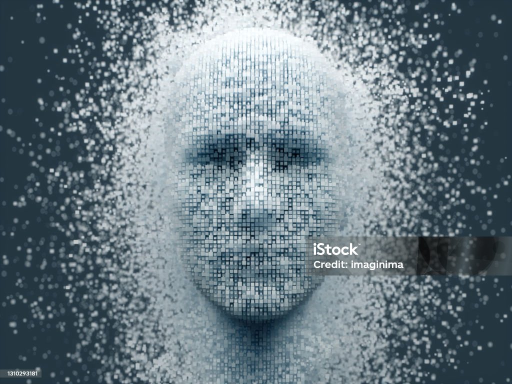 Deep Learning, Artificial Intelligence Background 3D dissolving human head made with cube shaped particles. Artificial Intelligence Stock Photo
