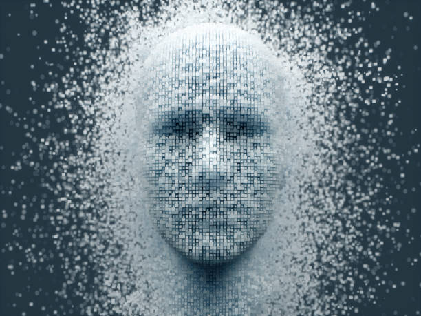 Deep Learning, Artificial Intelligence Background 3D dissolving human head made with cube shaped particles. human representation photos stock pictures, royalty-free photos & images