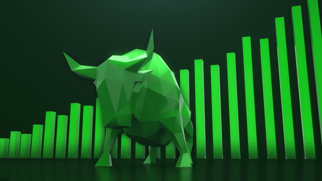 green polygon bull is goring like Madly and The green stock graph is Through from the floor in the background. bullish market trend in stocks. Stock Marketing or Financial Investment concept. 3d animation.
