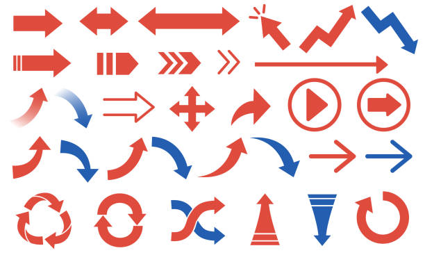 ilustraciones, imágenes clip art, dibujos animados e iconos de stock de material de ilustración vectorial de varios tipos de flechas rojas y azules - flecha