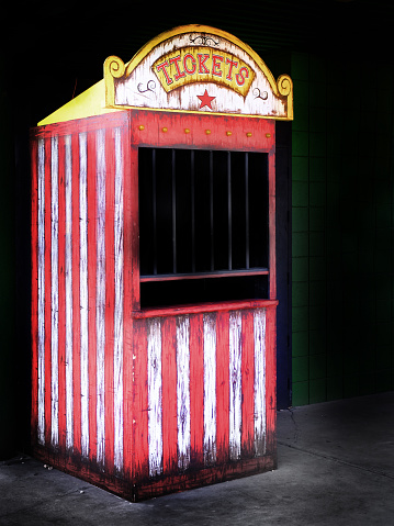 Old ticket booth at a carnival or circus selling ticket for rides and fun