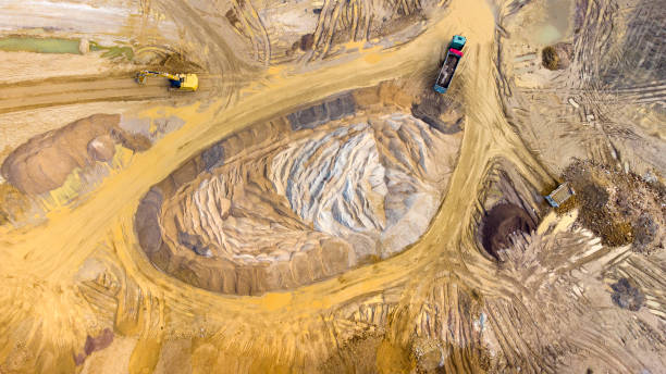 istock Gravel and sand open pit mining, sand hills - aerial view 1310295893