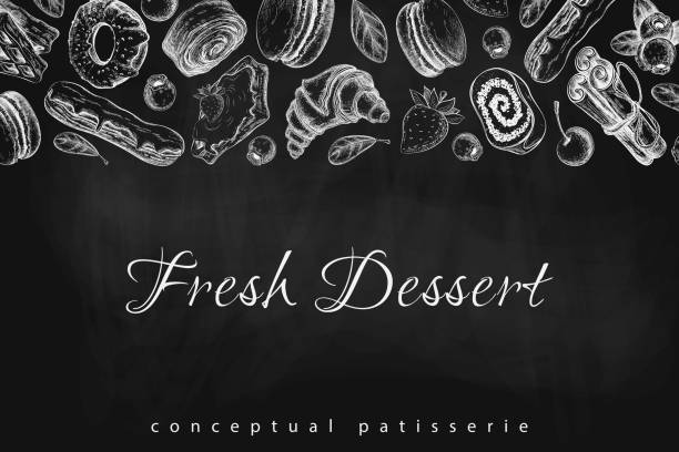 chalk bakery or pastry banner, background, frame or signboard on black chalkboard. vector illustration of sweet desserts, pastries and berries on blackboard. vintage style. great for cafe menu design. chalk bakery or pastry banner, background, frame or signboard on black chalkboard. vector illustration of sweet desserts, pastries and berries on blackboard. vintage style. great for cafe menu design breakfast borders stock illustrations