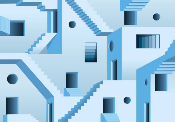 Concept of the maze and an exit impossible to find. Concept of the surreal labyrinth with a maze made of doors and stairs making an exit impossible. steps illustrations stock illustrations