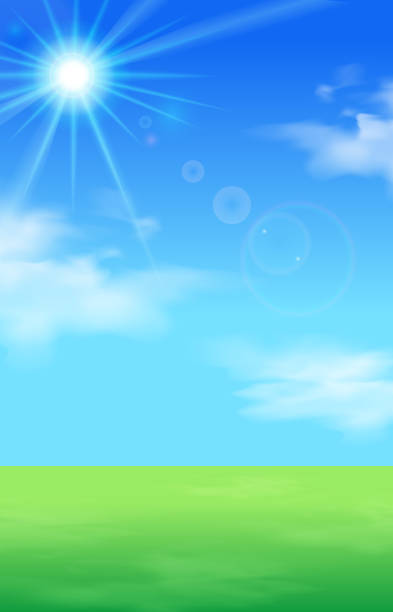 ilustrações de stock, clip art, desenhos animados e ícones de vector illustration background of blue sky, clouds, lawn and sunlight (landscape) - sky grass green blue