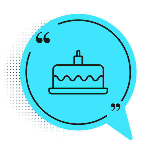 istock Black line Cake with burning candles icon isolated on white background. Happy Birthday. Blue speech bubble symbol. Vector 1310300950