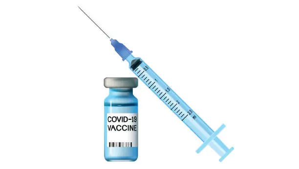 Vector illustration of vial of covid vaccine with dose syringe for coronavirus vaccination, mockup realistic vector illustration