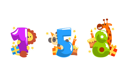 Birthday Anniversary Numbers With Cute Animals Set Funny Lion Panda Giraffe  With One Five Eight Numbers Cartoon Vector Illustration Stock Illustration  - Download Image Now - iStock