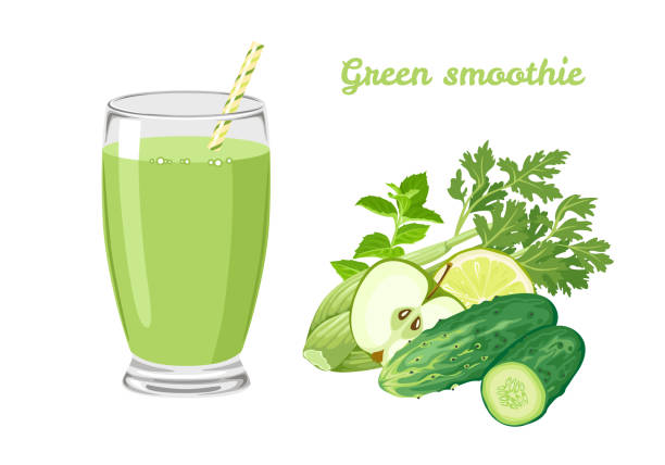 illustrazioni stock, clip art, cartoni animati e icone di tendenza di frullato verde detox vegano. bevanda biologica sana in bicchiere con paglia e gruppo di verdure e frutta. mela, lime, sedano, cetriolo e menta. illustrazione di cibo vettoriale in stile piatto cartone animato. - juice celery drink vegetable