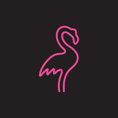 Flamingo vector illustration. Simple one line hot pink flamingo icon, hand drawing. Neon like bird sign, symbol. Isolated on black background.