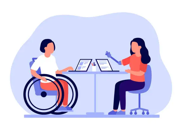 Vector illustration of Employee people with disabilities and inclusion work together in office. Disabled different people on wheelchair and with prothesis sit and communicate using laptop. Handicap persons work. Vector flat