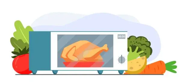 Vector illustration of Microwave oven with grill chicken Household appliance for cooking heating and defrosting food Electric roaster device vector illustration in flat style Gala Dinner Preparation