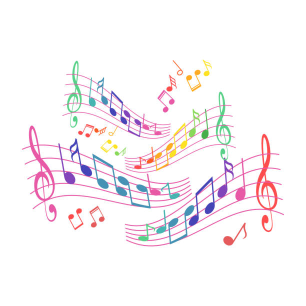 ilustrações, clipart, desenhos animados e ícones de nota de música colorida. conjunto de nota música arco-íris - musical note treble clef music three dimensional shape