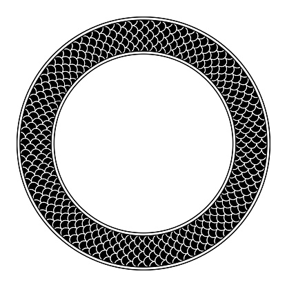 Circle frame with fish scale pattern. Round decorative border, with three rows of overlapping black and cycloid fish scales, framed with lines. Black and white isolated illustration over white. Vector