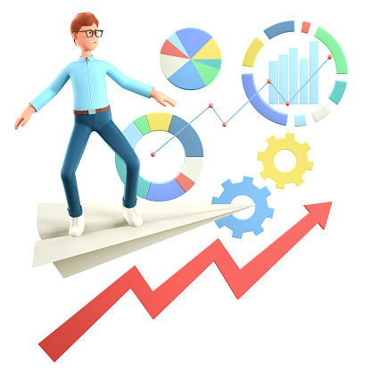 3D illustration of smiling man, successful investor flying on a huge paper airplane among business icons, charts, diagrams, infographic and rising arrow. Cartoon businessman reaching financial goals.