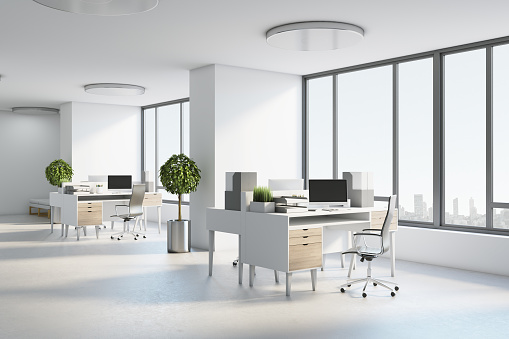 Sunny coworking office with modern eco style wooden furniture in white shades, trees in flowerpots, city view from big windows and light glossy concrete floor. 3D rendering