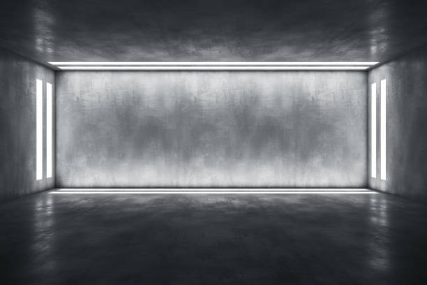 istock Stylish room with concrete wall with copyspace framed by led lights on four sides. 3D rendering, mockup 1310315757
